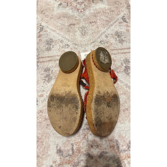 Chanel Red Suede Chain Trim Cork Platform Sandals Ankle Strap CC Logo Size 36.5C - Picture 5 of 7
